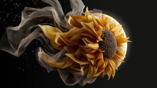 A moon in night sky blooming like a sunflower, the sunflower made from Chiffon glowing fabric