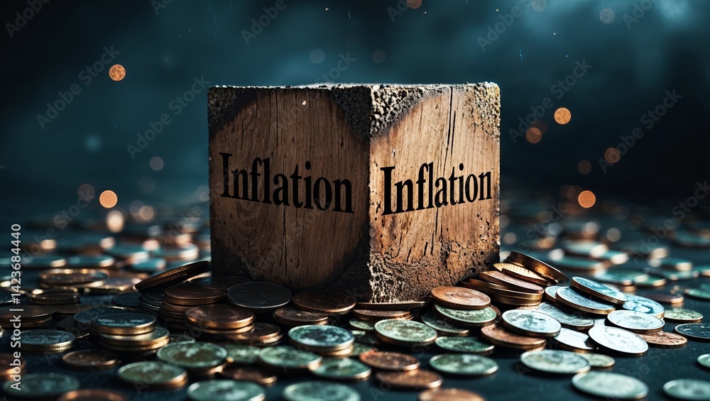 Aufkleber concept of inflation represented by a wooden cube surrounded by scattered coins in a dimly lit setti