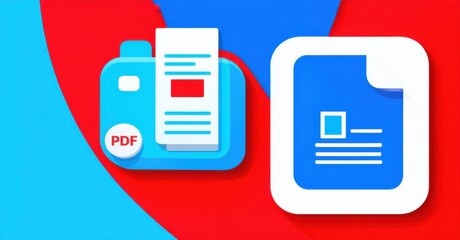 Vibrant blue and red document scanner and manager app icon with camera and clean pdf output realistic detailed glossy style round square shape modern app icon bold vibrant color