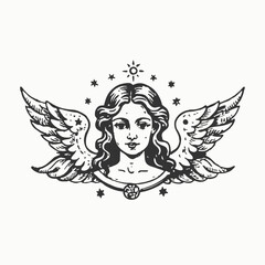 Hand drawn astrological zodiac sign Virgin or Virgo. Line art vector illustration of engraved horoscope symbol. Vintage illustration christmas angel