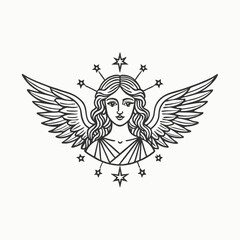 Hand drawn astrological zodiac sign Virgin or Virgo. Line art vector illustration of engraved horoscope symbol. Vintage illustration christmas angel