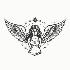 Hand drawn astrological zodiac sign Virgin or Virgo. Line art vector illustration of engraved horoscope symbol. Vintage illustration christmas angel