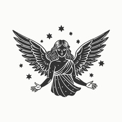 Hand drawn astrological zodiac sign Virgin or Virgo. Line art vector illustration of engraved horoscope symbol. Vintage illustration christmas angel