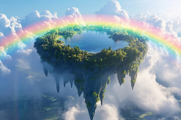 Floating island with lush greenery and waterfalls under a vibrant rainbow sky
