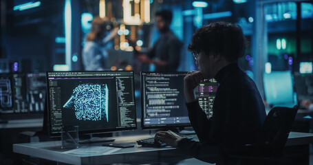 Asian Researcher Making a Quantum Computing Experiment, Monitoring Live Artificial Intelligence Data on Computer Screen, Running Software Code in Terminal Window. Developer Solving a Problem