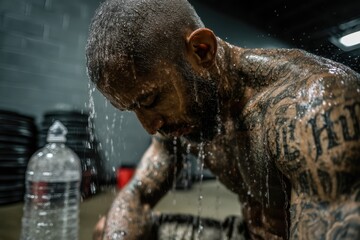 Biohacking Cold Therapy: Tattooed MMA Fighter Kneels on Rubber Gym Mats Post-Training, Pouring Ice Water Over His Buzzed Head