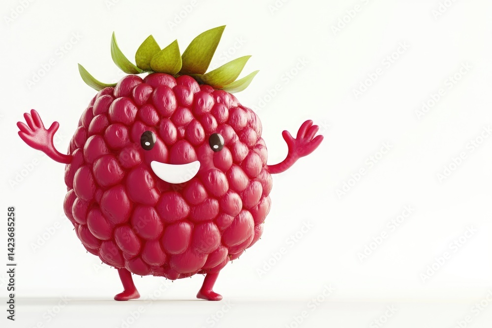 Poster a cheerful cartoon raspberry character waves hello, showcasing vibrant red color and playful design.
