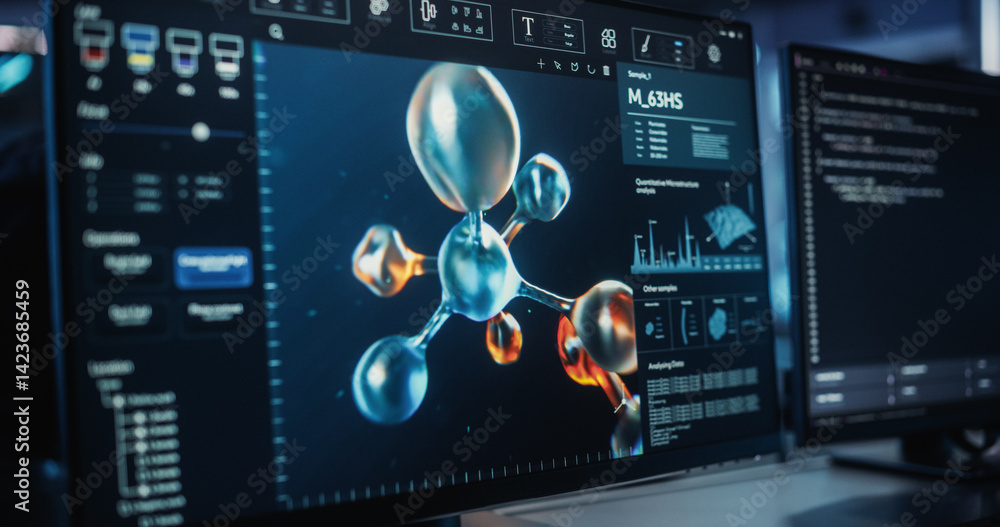 Poster computer screen with molecular modelling software simulating proteins, designing new gene structure,