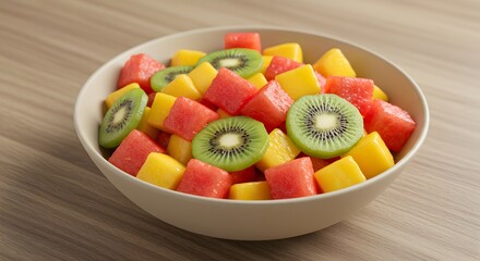 A fresh and colorful fruit salad in a bowl features sweet strawberries, kiwi, orange, melon, grapes, and ripe apple