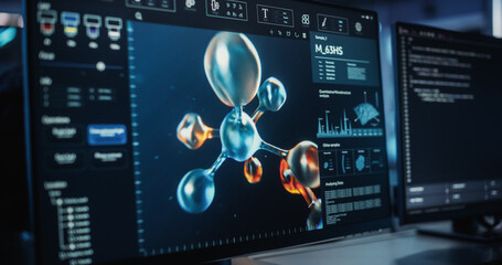 Computer Screen with Molecular Modelling Software Simulating Proteins, Designing New Gene...