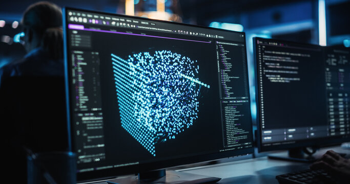 Advanced Quantum Computing Data on Computer Screen. Close Up on Computer Display of an Engineer Developing Solutions for a Quantum Computer Hardware