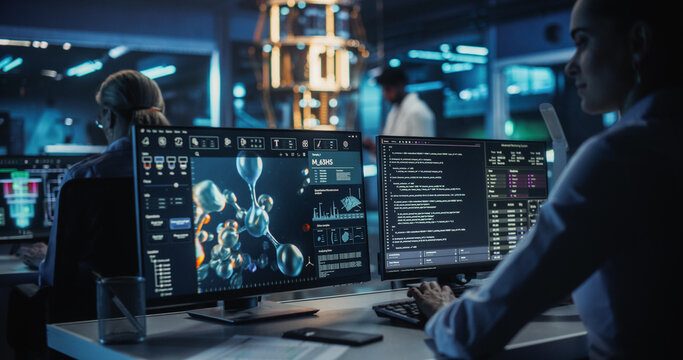 Female Chemist Working in Modern Office on a Desktop Computer with Molecular Modelling Software. Genetic Healthcare Engineer is Designing New Drug Molecules to Combat Bacteria