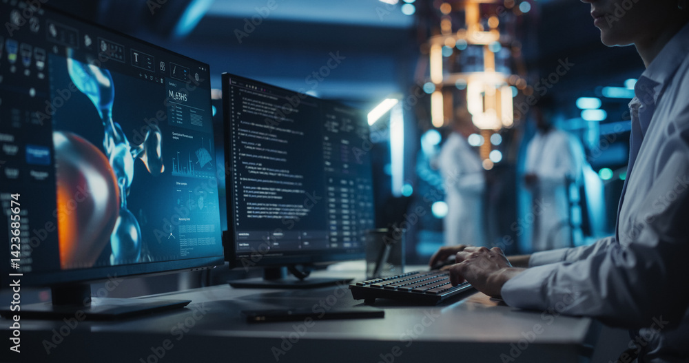 Poster anonymous medical researcher working in modern office on a desktop computer with molecular modelling
