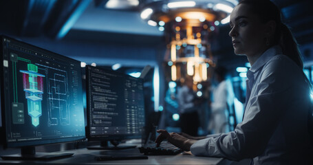 Smart Female Engineer Working Behind a Desk on a Computer. Scientist Optimizing Software Code of a...