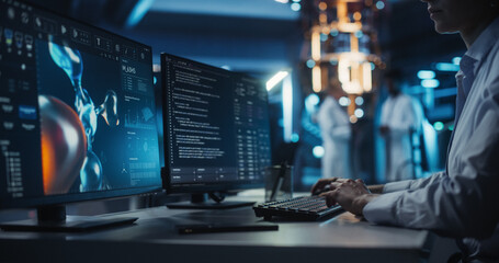 Anonymous Medical Researcher Working in Modern Office on a Desktop Computer with Molecular...