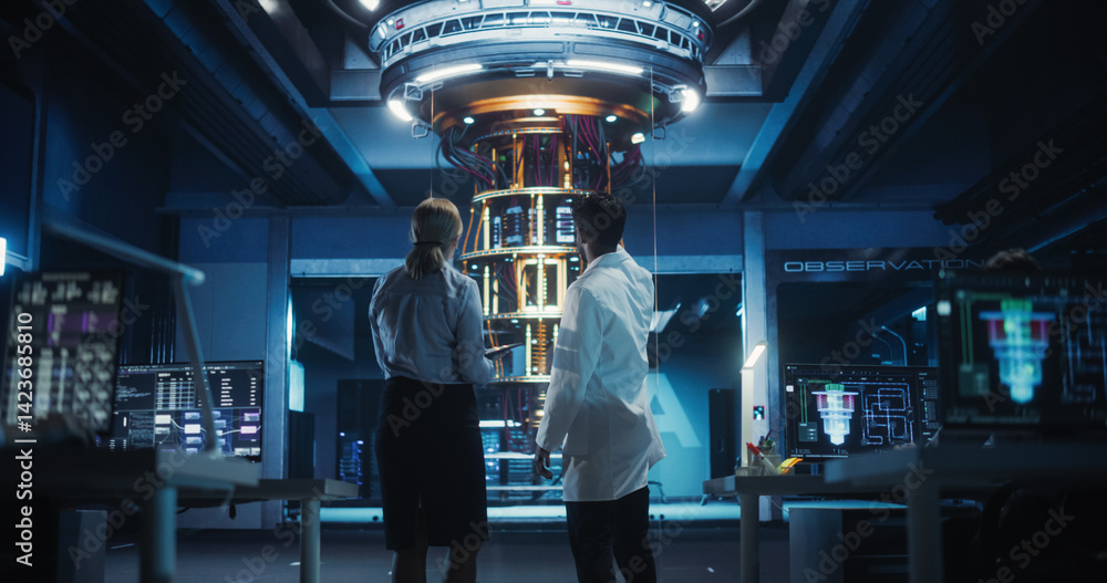 Poster female and male specialists collaborating on quantum computer development, discussing a report on a 