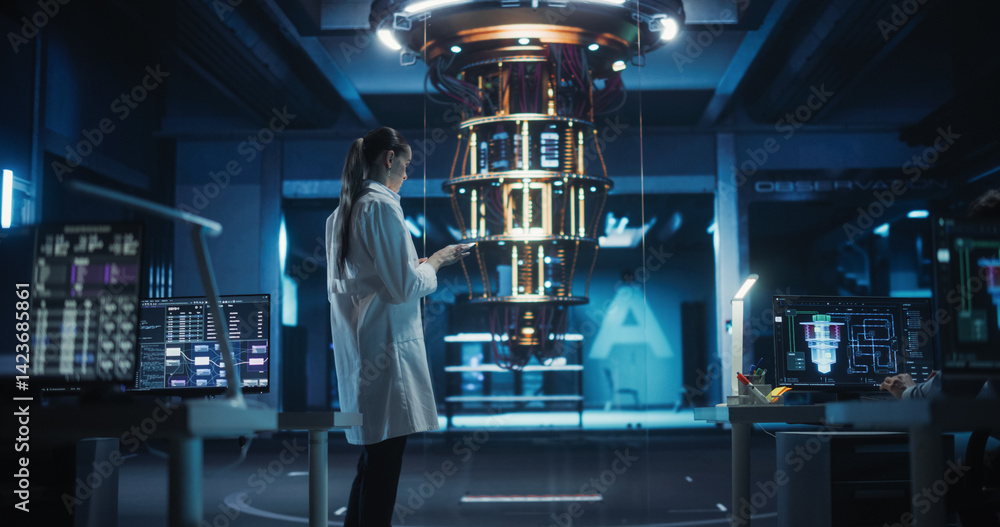 Poster portrait of a female researcher standing before a powerful quantum computer, using a tablet computer