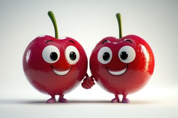Two happy cartoon cherries holding hands, smiling cheerfully.