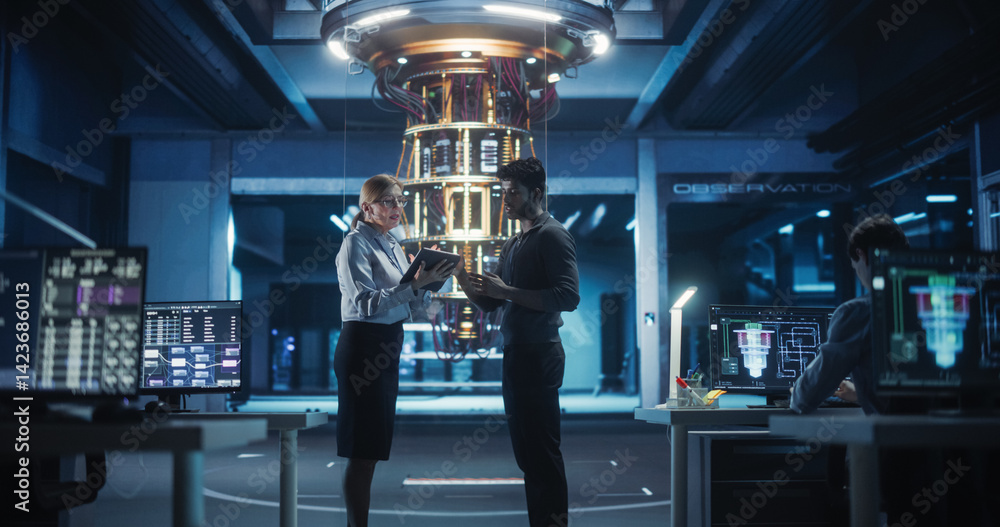 Poster middle aged caucasian female team leader and young indian scientist talking in a research center wit