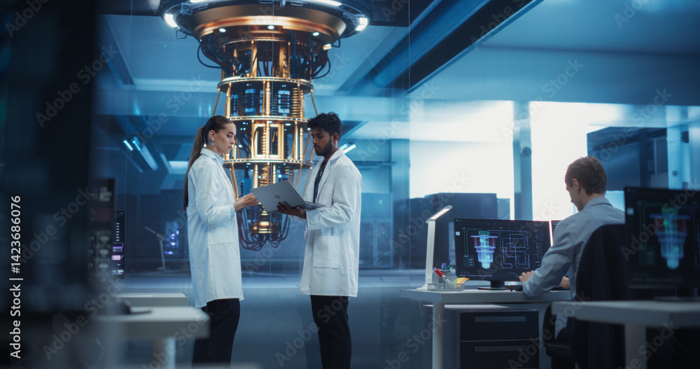 Poster portrait of two engineers developing a high tech quantum processor. diverse young male and female sc