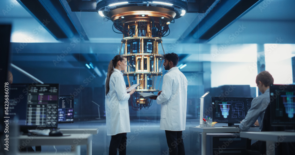 Poster portrait of two engineers developing a high tech quantum processor. diverse young male and female sc
