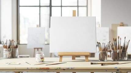 Clean and tidy art room with blank canvases, paintbrushes in jars, and no students around
