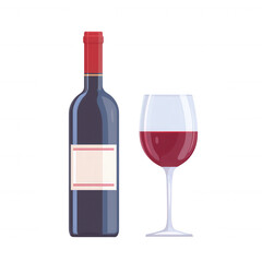 A bottle of red wine next to a wine glass filled with red wine, perfect for celebrations or relaxing evenings.