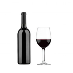 A bottle of red wine next to a glass filled with red wine, perfect for wine lovers and dining scenarios, isolated on a white background.
