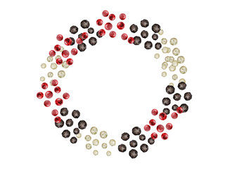 Peppercorns round frame watercolor. Hand drawn dried black, white and pink pepper. Clip art on a white background of hot spices. Ideal for cookbooks, menus and organic product packaging
