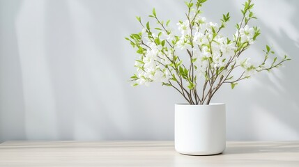 A white ceramic vase with delicate green and white floral branches on a minimalist light wooden table, soft natural light, and serene home decor concept.