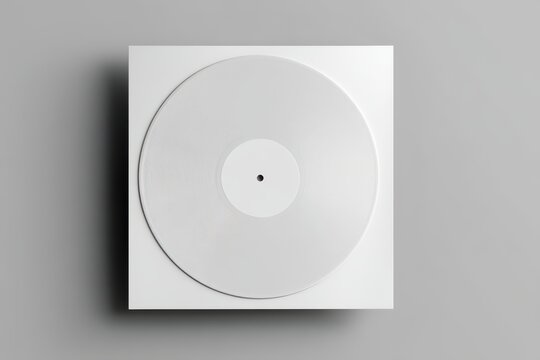 Minimalist mockup of a vinyl record with a blank white cover on a gray background