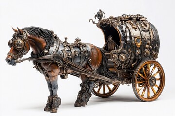 Fototapeta premium Intricate steampunk horse-drawn carriage showcasing unique mechanical design and vintage aesthetics in a dimly lit environment