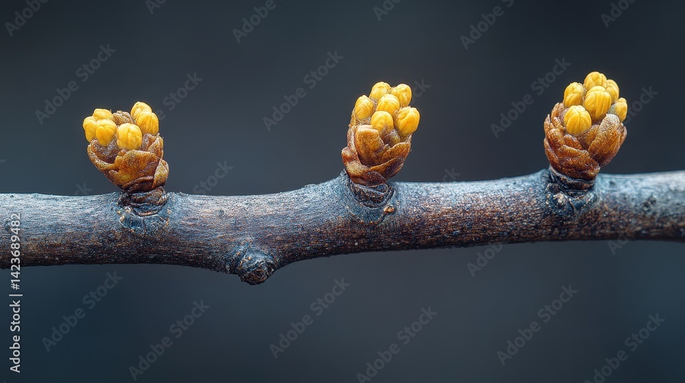 Poster close-up of three emerging spring buds on a twig.