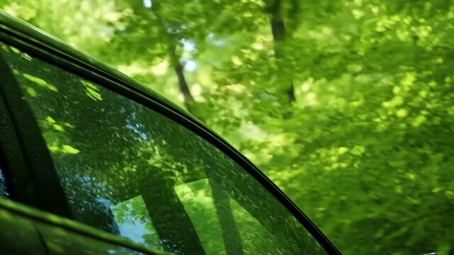 Car window reflects lush forest