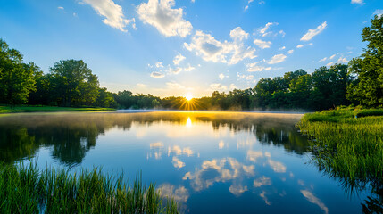 Serene Sunrise Over Calm Lake with Lush Greenery and Misty Reflections