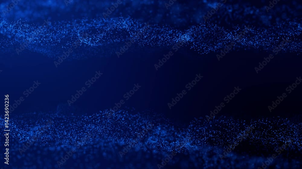 Poster Digital particle wave and light abstract background concept. Dot on blue background. Seamless Loop 4k. 3D rendering