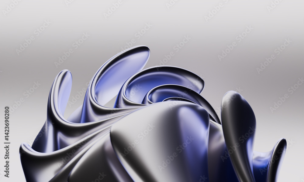 Poster dynamic 3d render of intertwined blue and silver metallic waves, futuristic design element