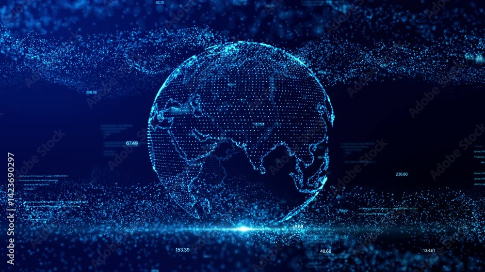 Poster Digital particle wave and Global network concept. Dot, number and text on blue background. Animation 4k. 3D rendering