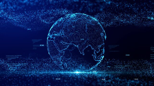 Digital particle wave and Global network concept. Dot, number and text on blue background. Animation 4k. 3D rendering