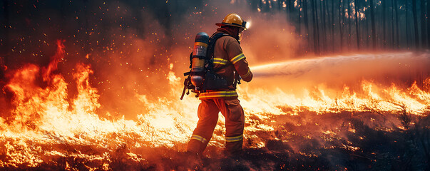 A firefighter fighting a natural disaster. The concept of fighting a forest fire.