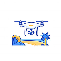 A colorful illustration of a drone flying over a scenic landscape with trees and hills, capturing stunning aerial views of nature.