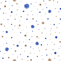 Seamless pattern of watercolor blue and brown dots of different sizes on a white background. For backgrounds, textures, fabric design, wallpapers