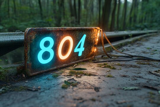 Rusty neon 804 sign on forest path at dusk in serene woodland scene