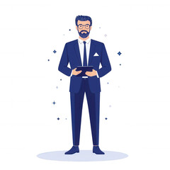 Obraz premium A confident businessman in a dark suit holding a tablet, standing with a professional demeanor against a simple background.