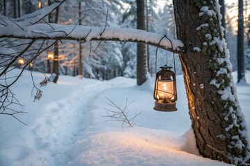 Glowing Lantern Hanging in Snowy Winter Forest