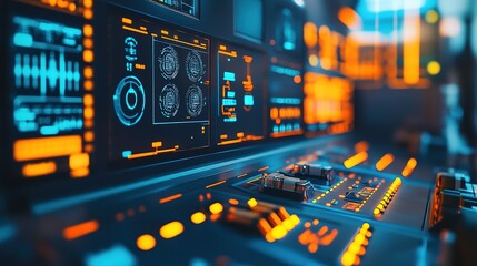 Naklejka premium A futuristic control room with AI-driven systems ensuring maximum efficiency and reliability.
