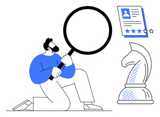 Man analyzing profile with detailed scrutiny, observed alongside rating stars and chess knight symbol. Ideal for recruitment, strategy, decision-making, evaluation, leadership, career planning