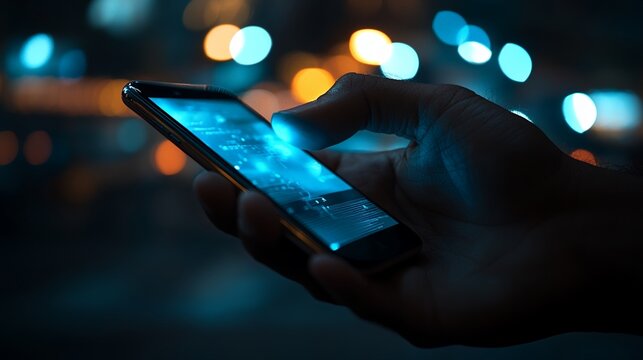 Person Using Smartphone at Night with Glowing Screen and City Lights - Powered by Adobe