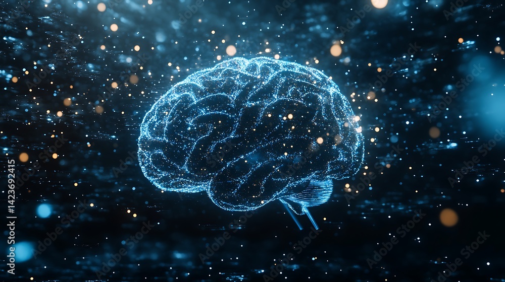 Poster digital brain design showing artificial intelligence concept with glowing particles