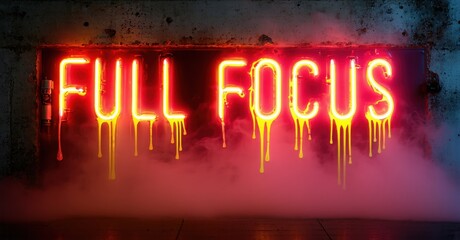 Chunky glowing full focus in hot red and yellow neon mounted on cement tiles with dripping wires glowing details and backlight fog